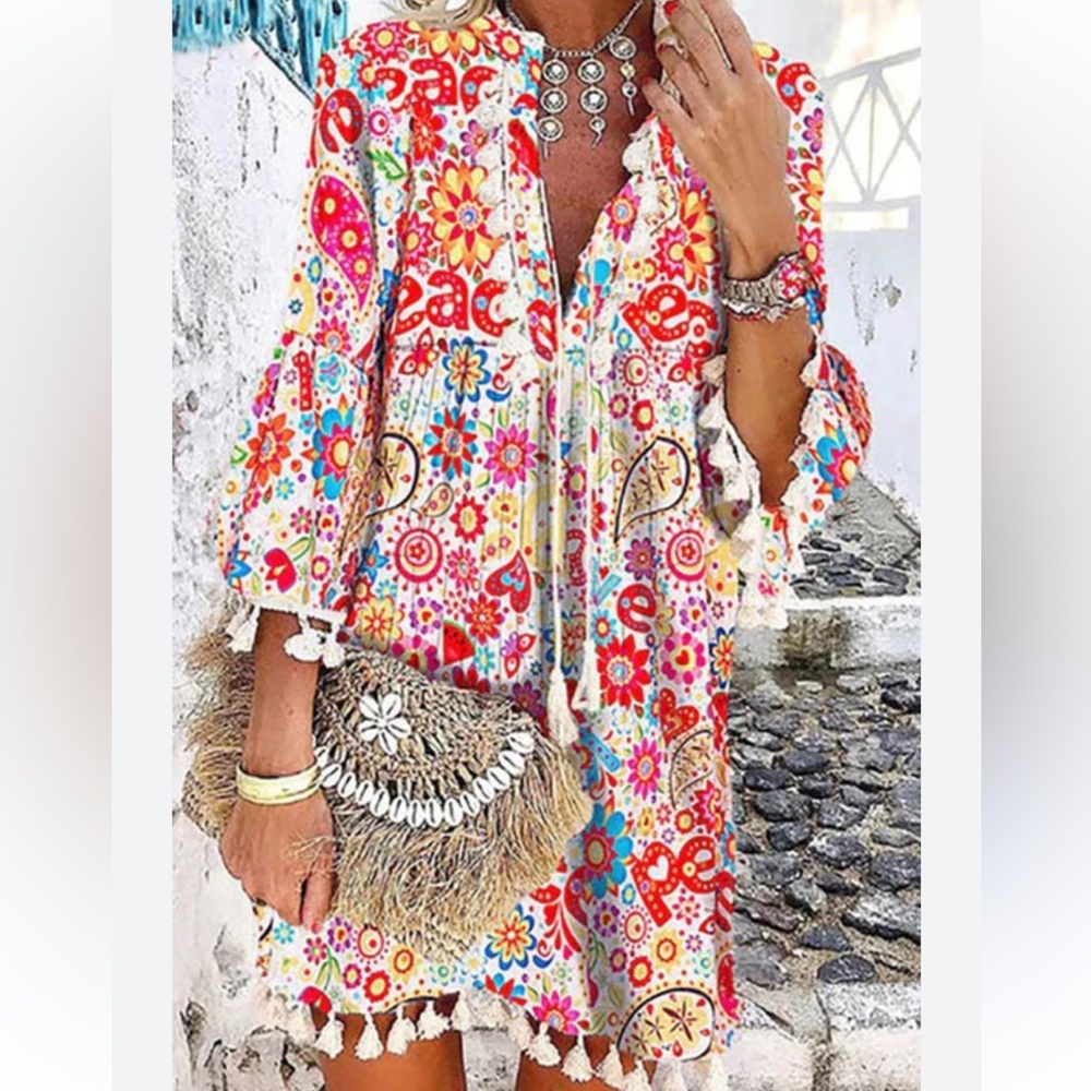 Collection by‎ Cezele Bohemian Bright Peace Graphic Tassel Mini Dress. Size L.